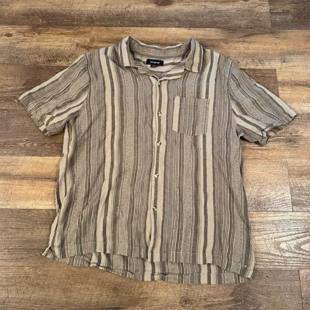 Cotton On Button-Up Cabana Shirt Mens XL Brown Tan Textured Stripe Short Sleeve